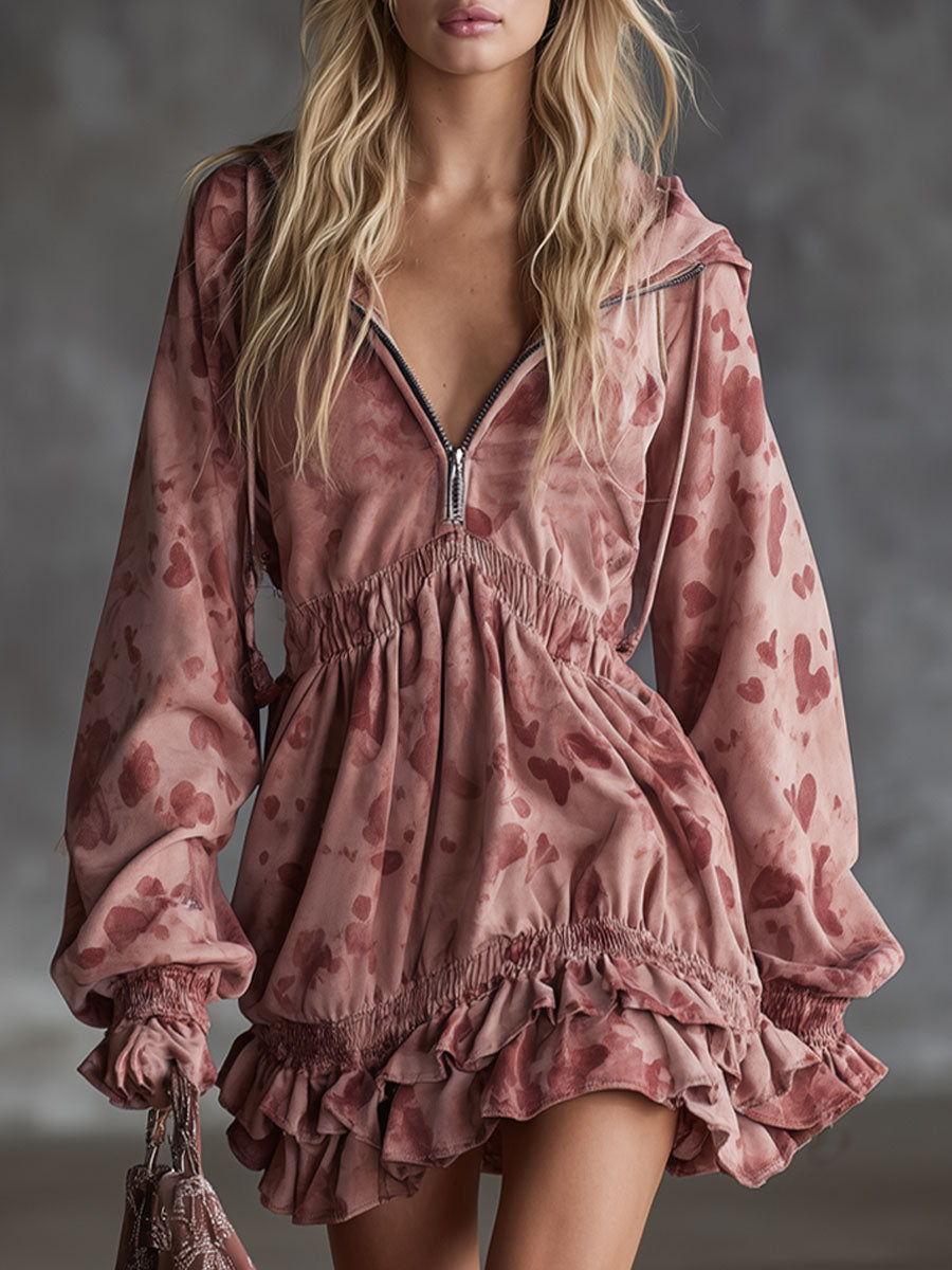 Artistic Heart Print Hooded Zip-up Ruffle Faux Suede Long-sleeved Mini Dress