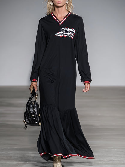 Casual Black V-neck  With Red And White Ribbon And Flag Embroidery Maxi Dress