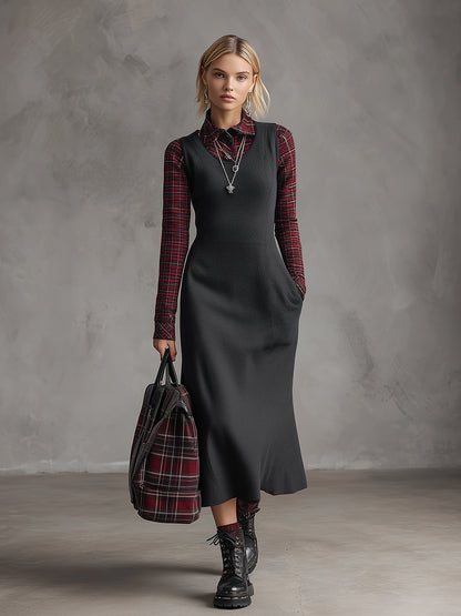 Retro Preppy Style Sporty Dark Gray Sweatshirt Patchwork Red Plaid Midi Dress