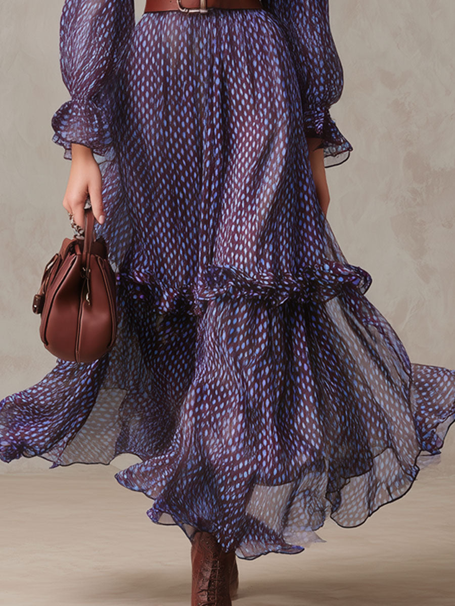 Fashionable Retro Geometric Purple Chiffon Long-sleeved Ruffle Maxi Dress