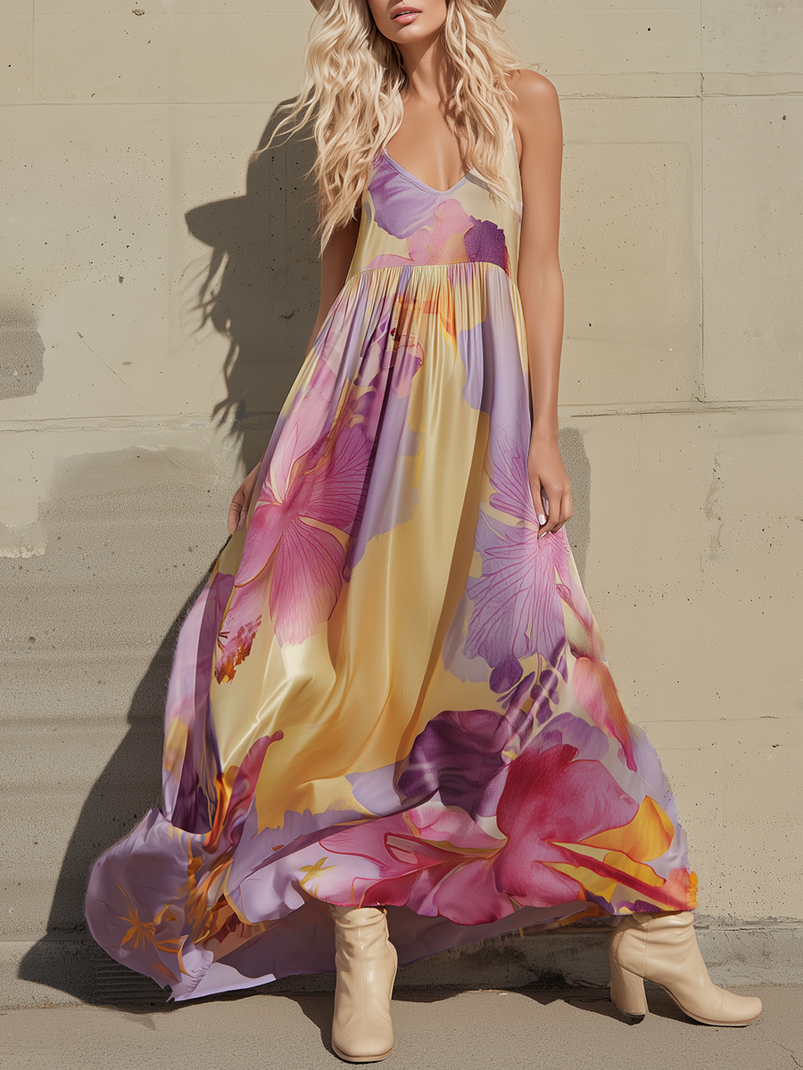 Romantic Bohemian Watercolor Print Matte Satin Sleeveless Maxi Dress