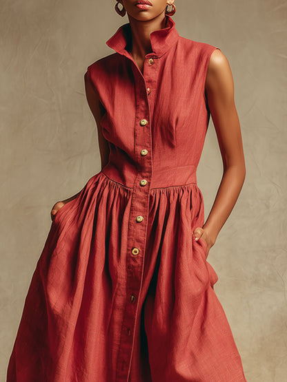 Fashionable Retro Red Cotton And Linen Pleated Cardigan Sleeveless Midi Dress