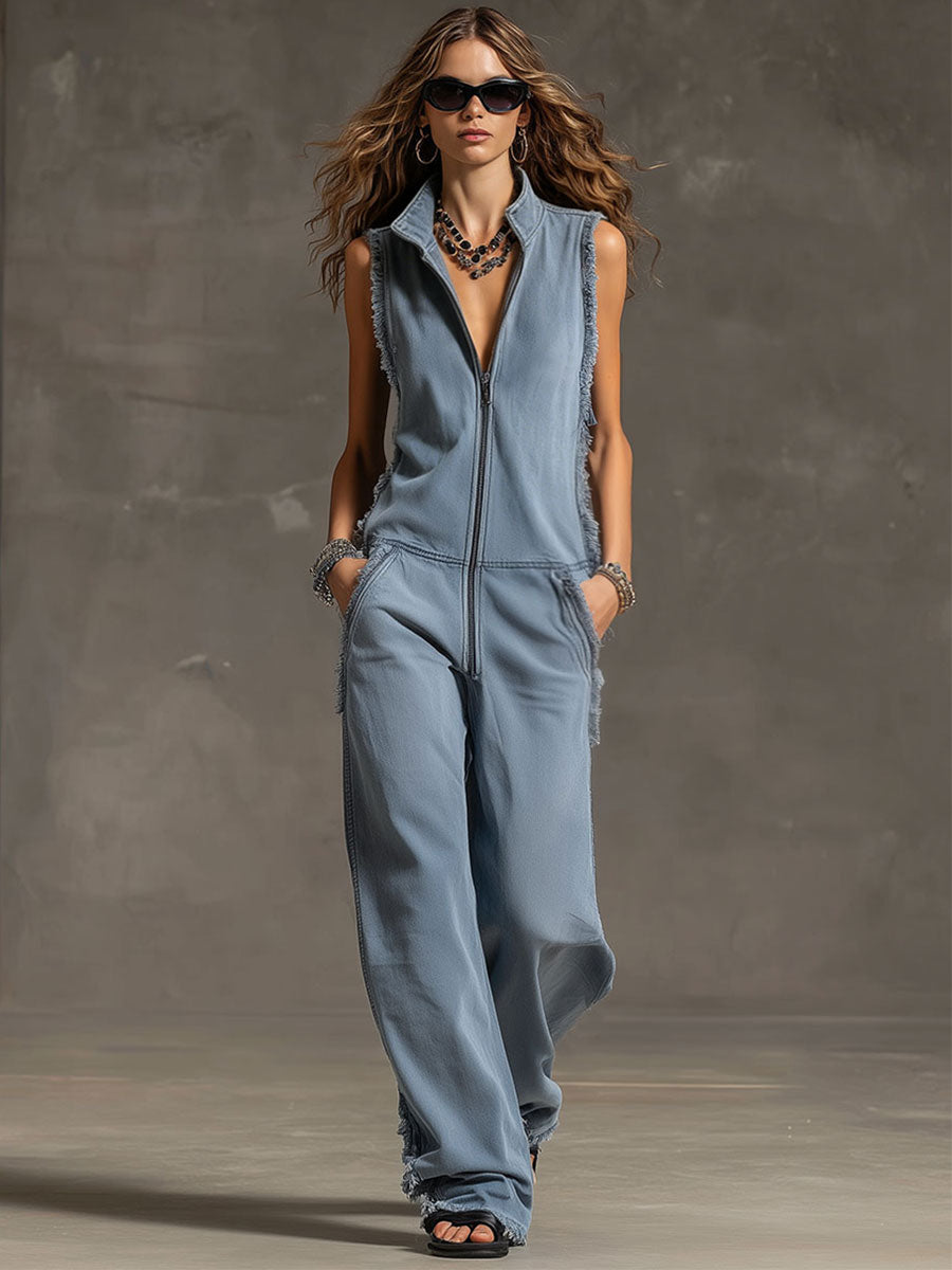 Fashionable Retro Blue-grey Denim Zipper Sleeveless Frayed Edge Jumpsuit