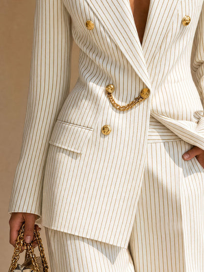 Retro-elegant Beige Striped Double-breasted Blazer