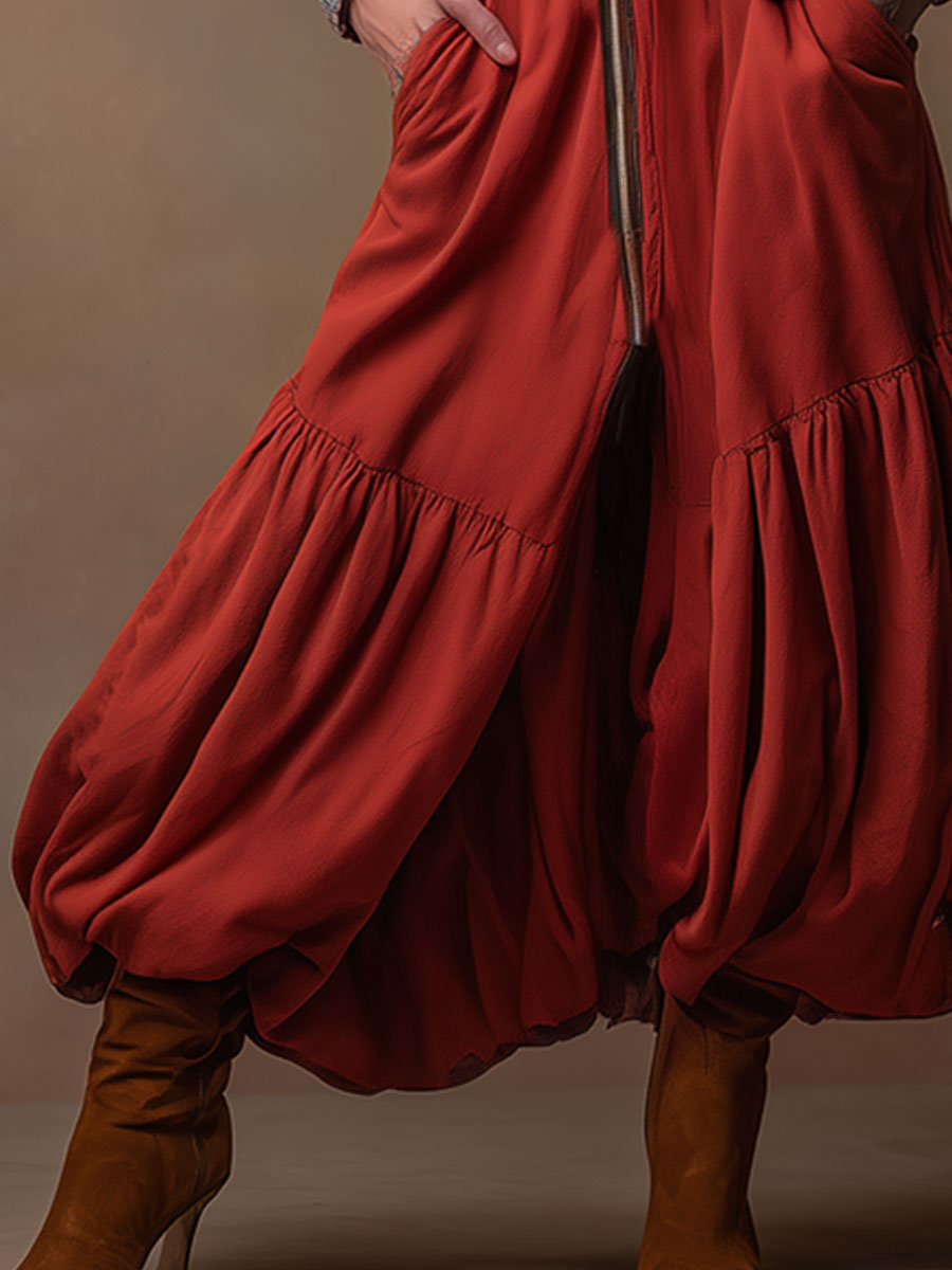 Casual Retro Zip-up Denim Patchwork Red Sweatshirt Dress With Tulip-shaped Maxi Dress