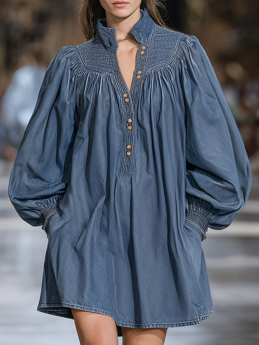 Fashionable Retro Stand-up Collar Denim Loose Mini Dress