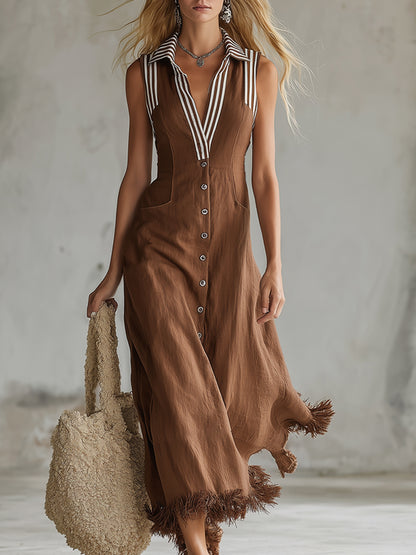 Retro Casual Striped Collar Brown Cotton And Linen Sleeveless Maxi Dress