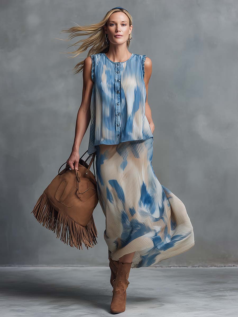 Western Retro-Print Chiffon Crew-Neck Front-Button Top And Skirt Set