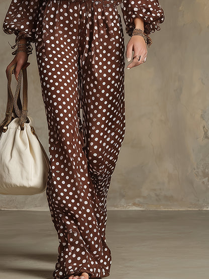 Elegant And Sophisticated Brown Polka Dot Print Chiffon Halter Neck Blouse And Wide-leg Pants Set