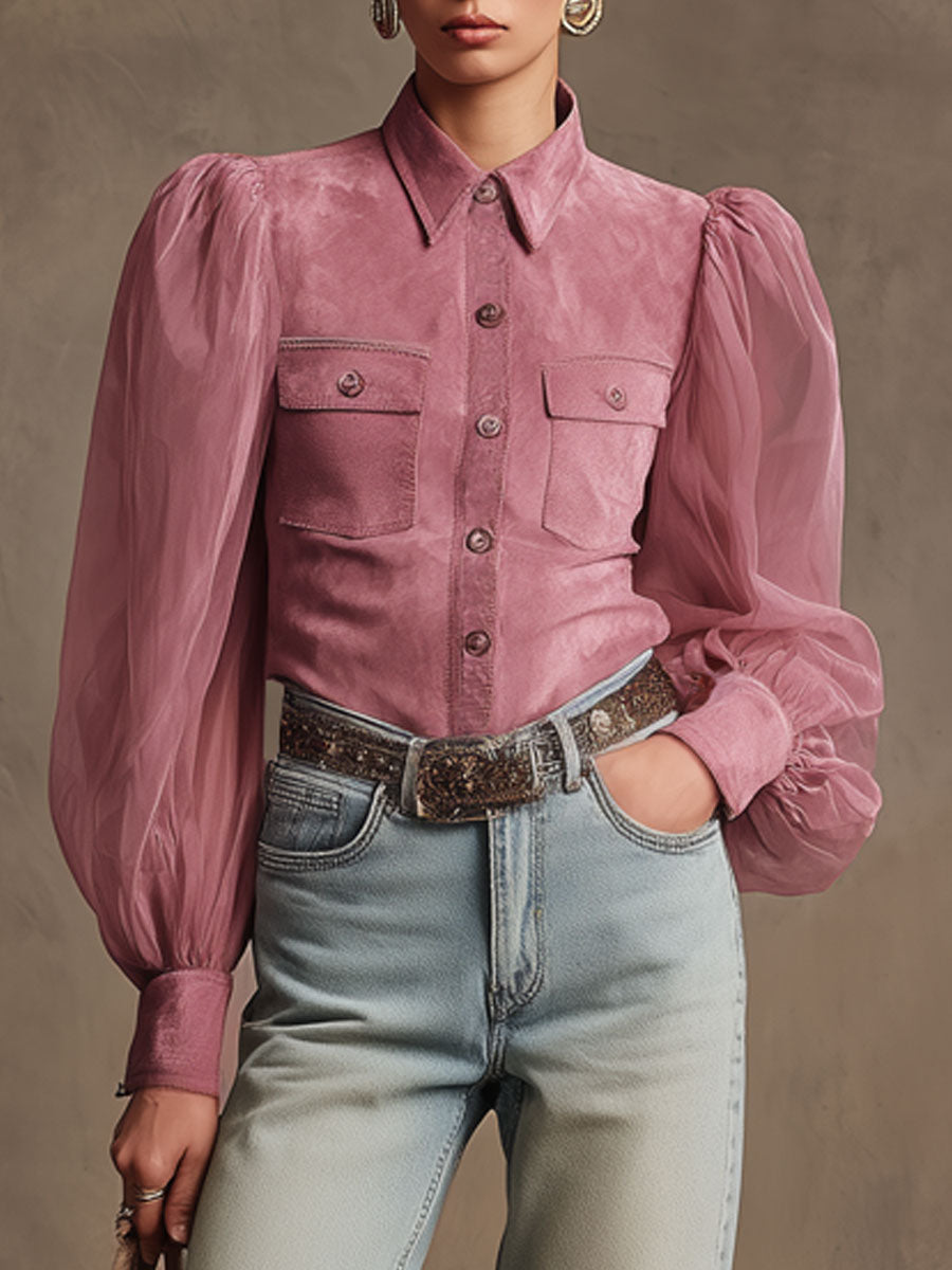 Western Retro Pink Faux Suede Long-Sleeved Shirt