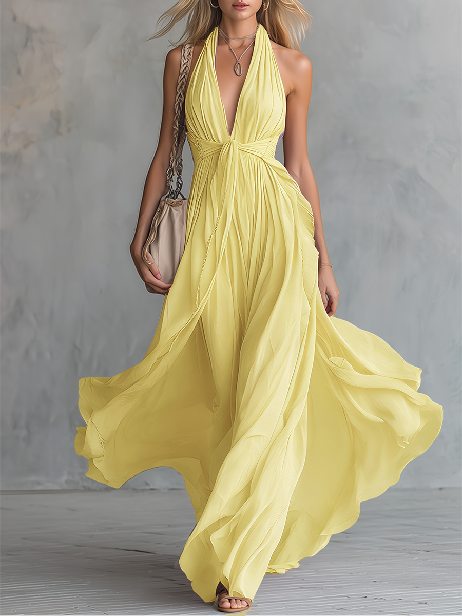 Elegant And Stylish Halter Neck V-neck Sleeveless Chiffon Maxi Dress