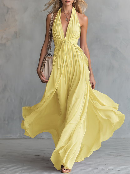 Elegant And Stylish Halter Neck V-neck Sleeveless Chiffon Maxi Dress