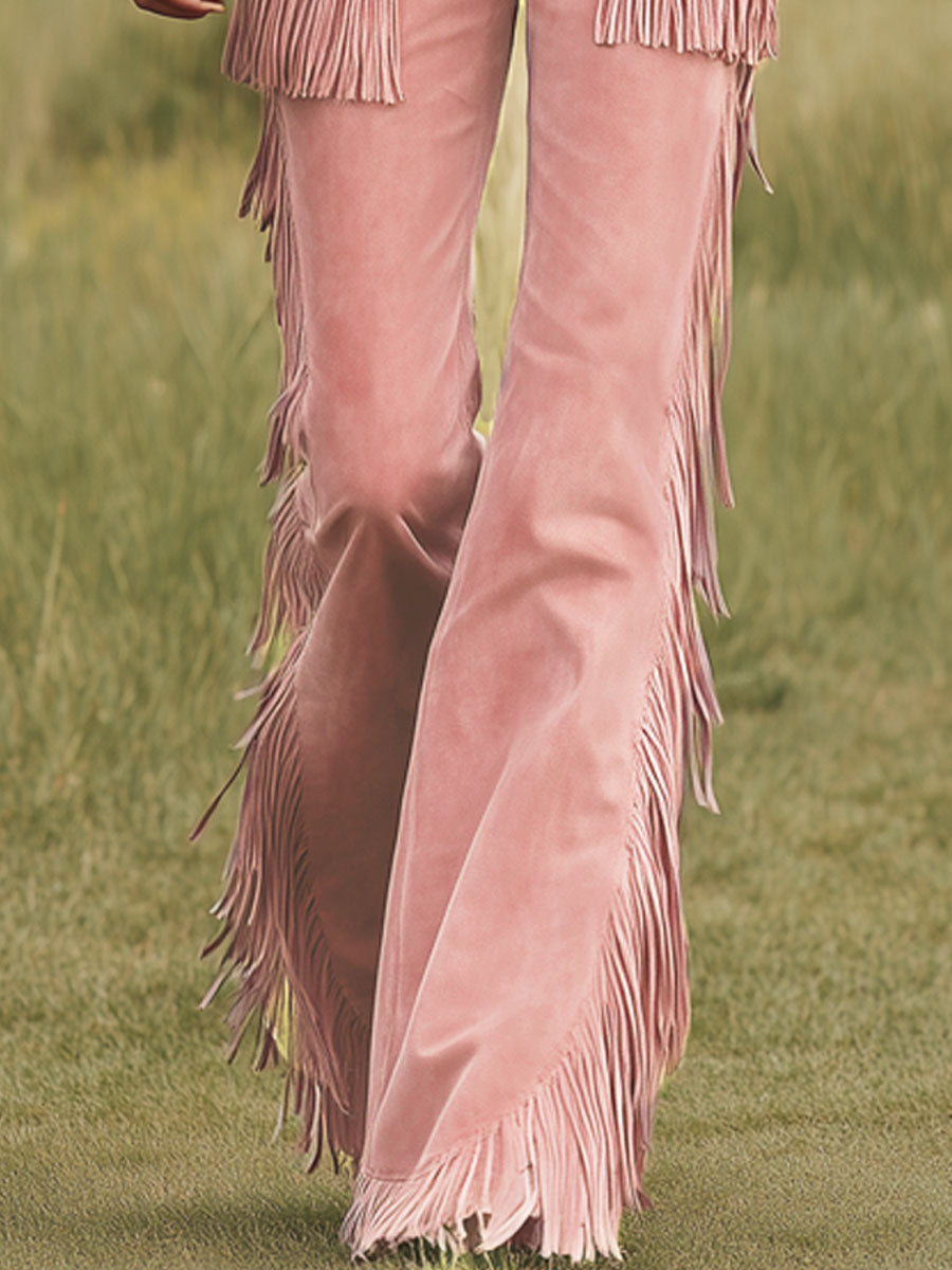 Western-style Pink Faux Suede Fringed Pants