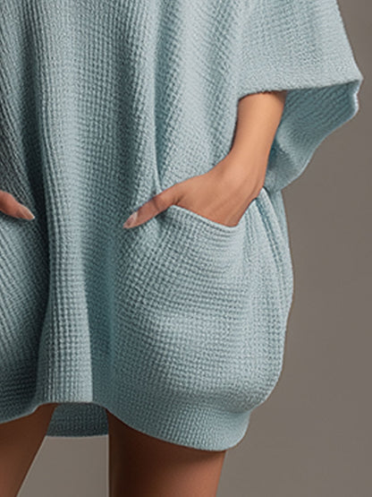 Elegant And Loose-fitting Blue Batwing Sleeve V-neck Waffle Mini Dress