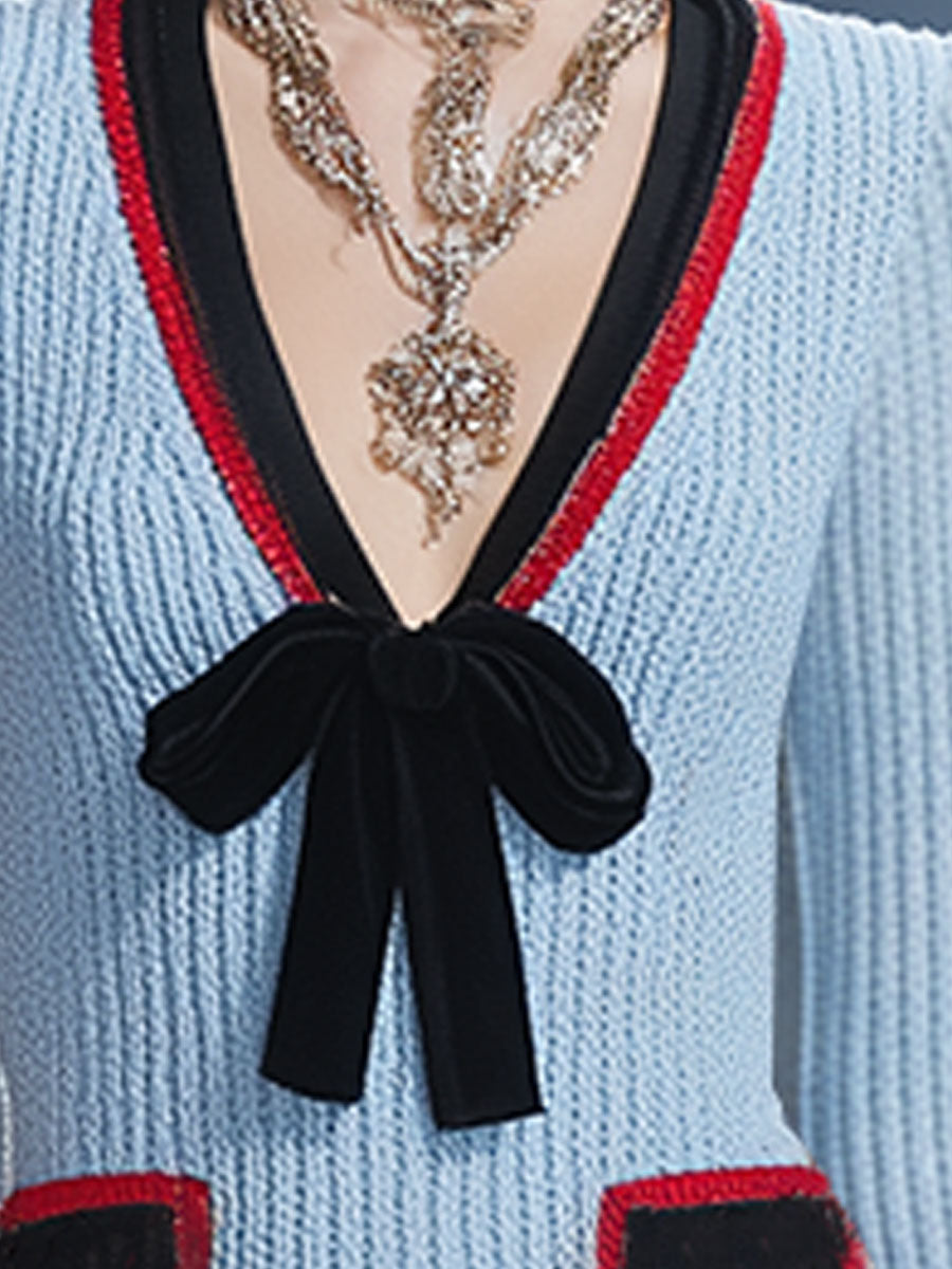 Stylish Retro Black And Red Trimmed Blue Knit Mini Dress