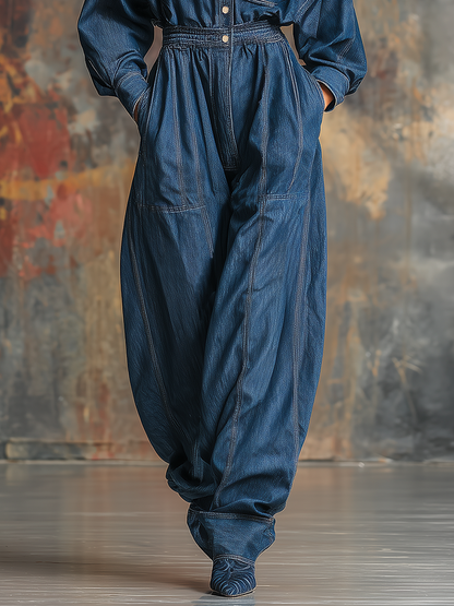 Retro Workwear Stand-up Collar Loose Denim Jumpsuit