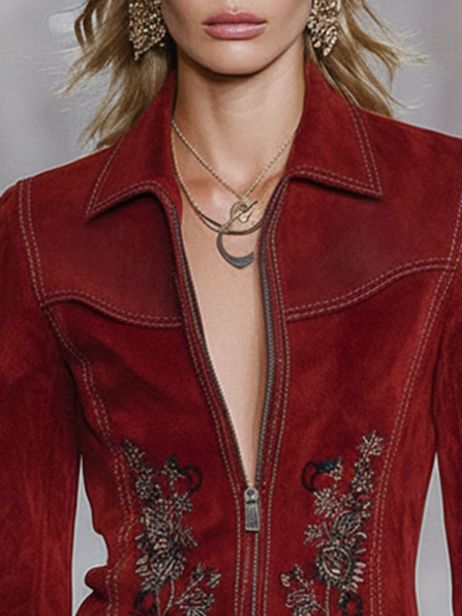 Western-style Lapel Zipper Floral Embroidered Faux Suede Jacket