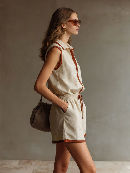 Casual Retro Brown-trimmed Beige Cotton Linen Sleeveless Shirt And Shorts Set