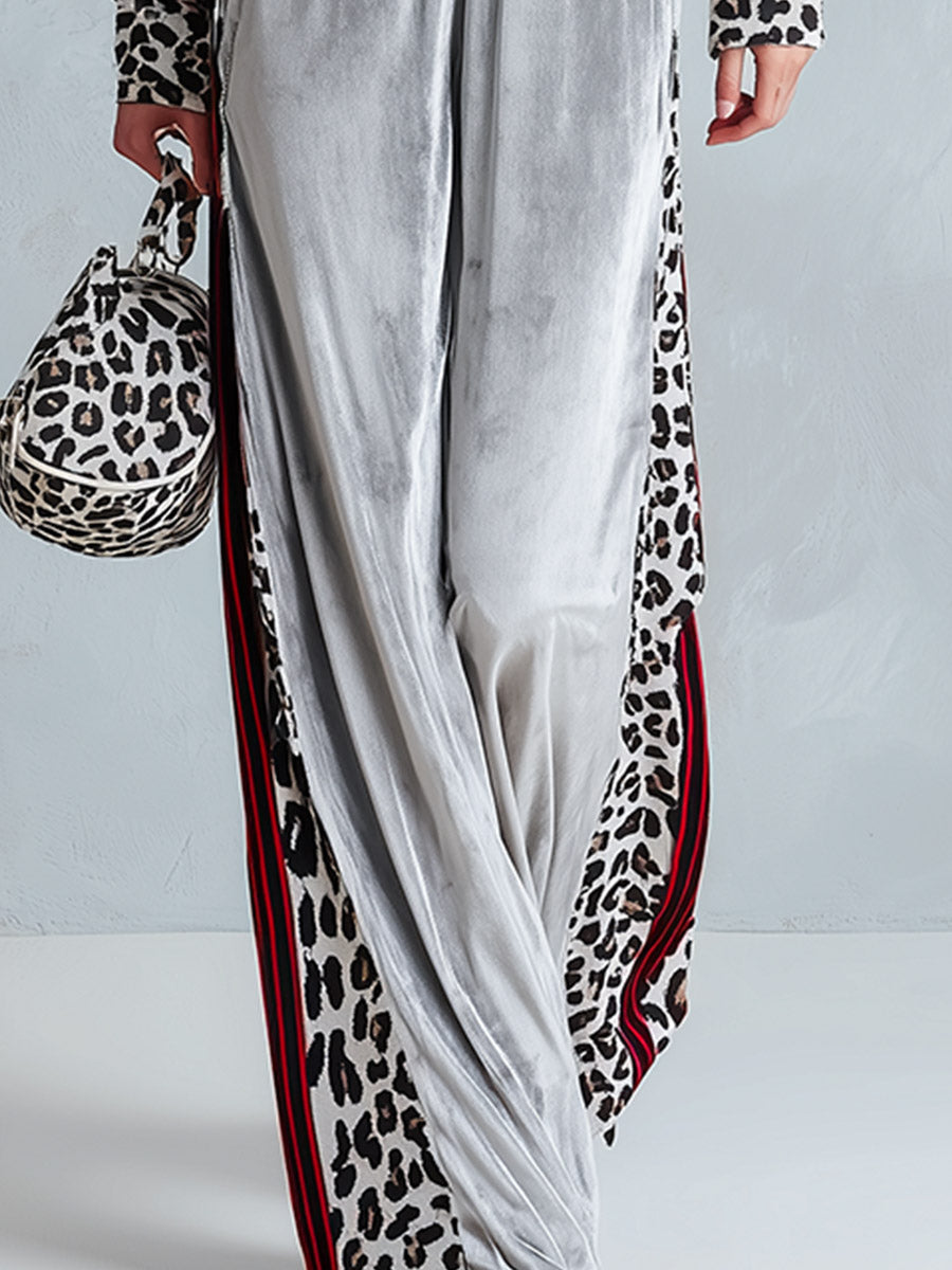 Chic Casual Striped &amp; Leopard-Trimmed Grey Velour Jumpsuit