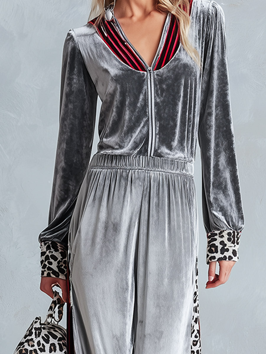 Chic Casual Striped &amp; Leopard-Trimmed Grey Velour Jumpsuit