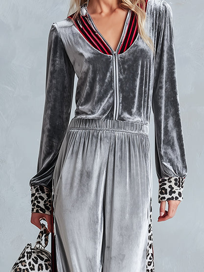 Chic Casual Striped &amp; Leopard-Trimmed Grey Velour Jumpsuit