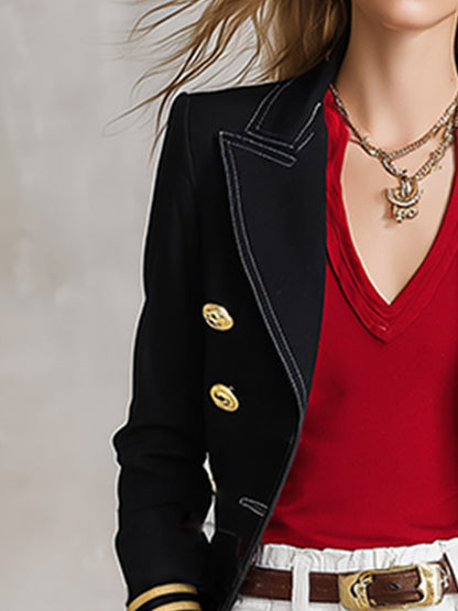 Chic Urban Style Gold-tone Trim Metal Clasp Black Blazer