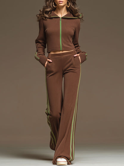 Sporty Retro Green Ribbon Brown Knit Top And Wide-leg Pants Set