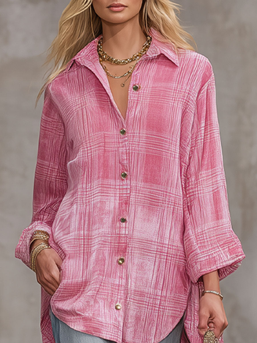 Loose-fitting Pink Plaid Velvet Long-sleeved Shirt