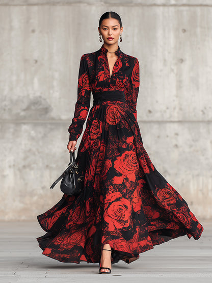 Vintage Black Chiffon Dress With Red Rose Texture Maxi Dress