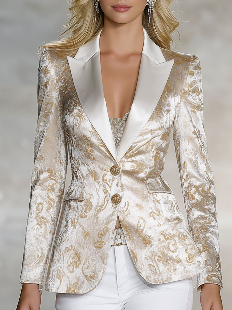 Stylish And Elegant Gold-printed White Velvet Blazer