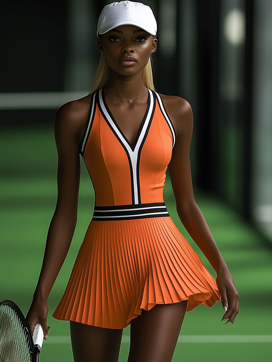 Fashionable Sports Black And White Trim Orange Sleeveless Pleated Mini Dress