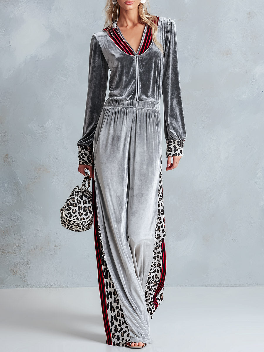 Chic Casual Striped &amp; Leopard-Trimmed Grey Velour Jumpsuit