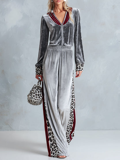 Chic Casual Striped &amp; Leopard-Trimmed Grey Velour Jumpsuit