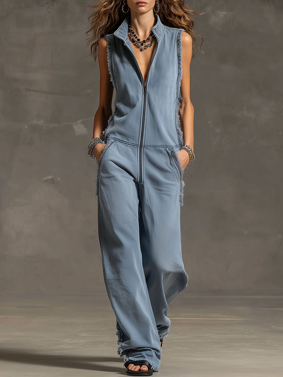 Fashionable Retro Blue-grey Denim Zipper Sleeveless Frayed Edge Jumpsuit
