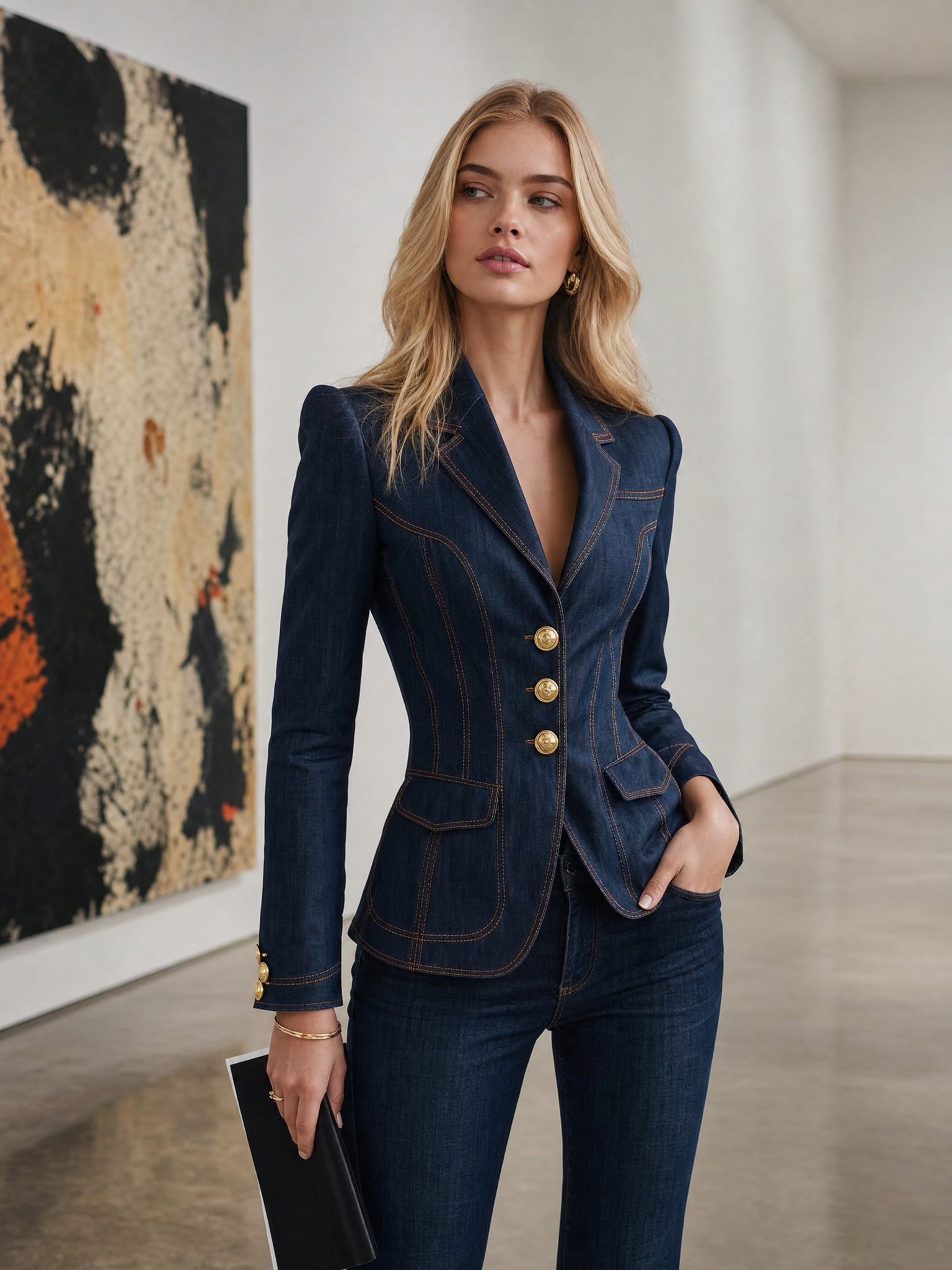 Elegant Classic Notch Lapel Single-breasted Dark Blue Denim Blazer