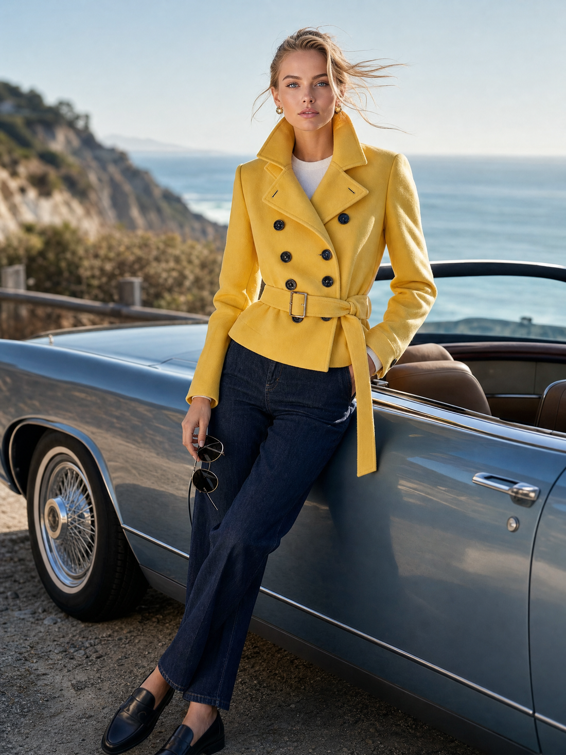 Mustard Wool Stand-Collar Double-Breasted Belted Fitted Short Peacoat Jacket Women