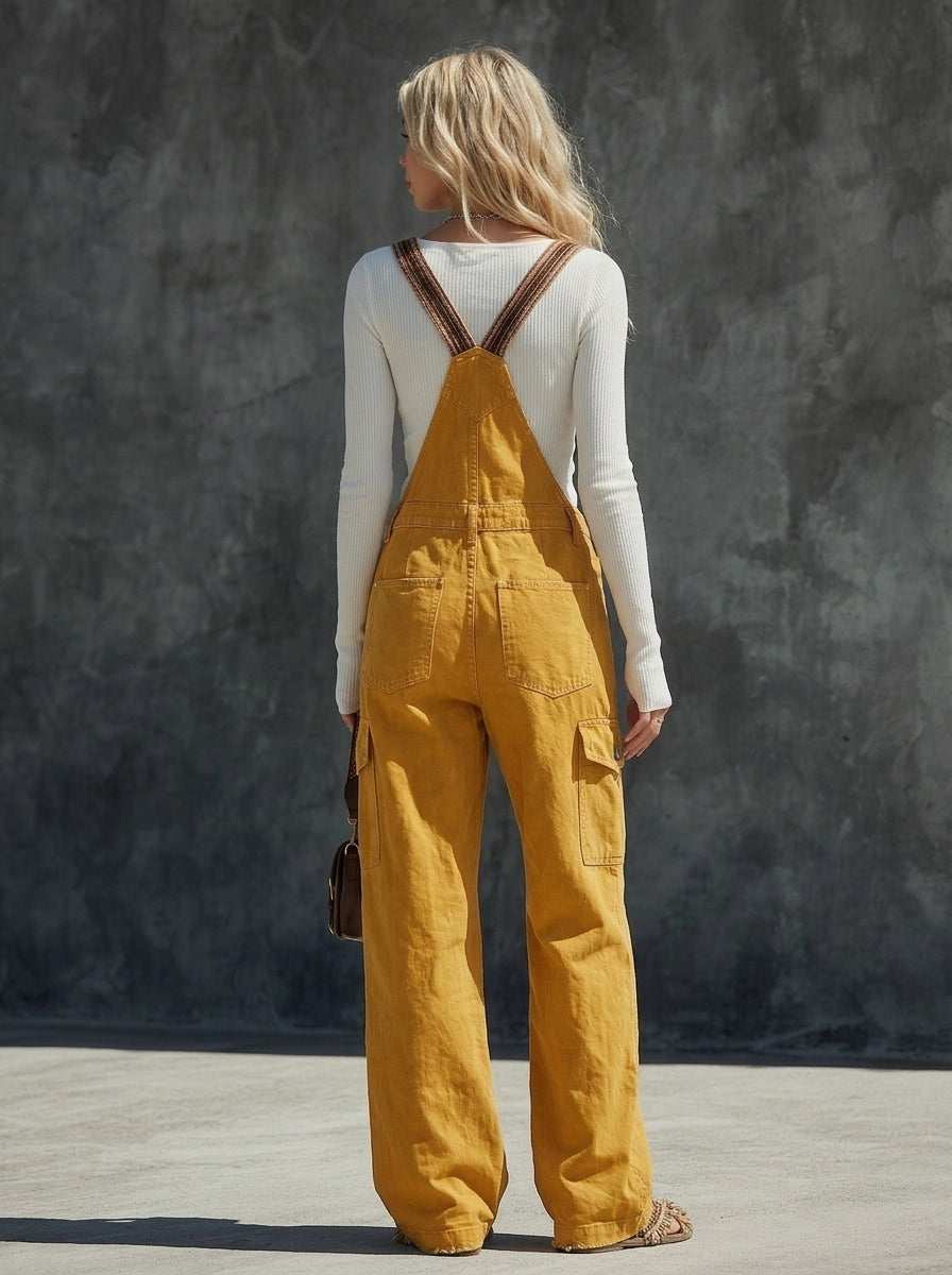 retro workwear woven-strap big-pocket overall jumpsuit