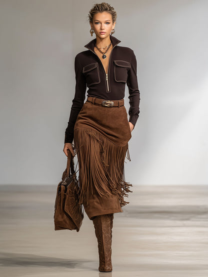 Stand-up Collar Double-pocket Long-sleeved T-shirt And Faux Suede Tassel Skirt Set