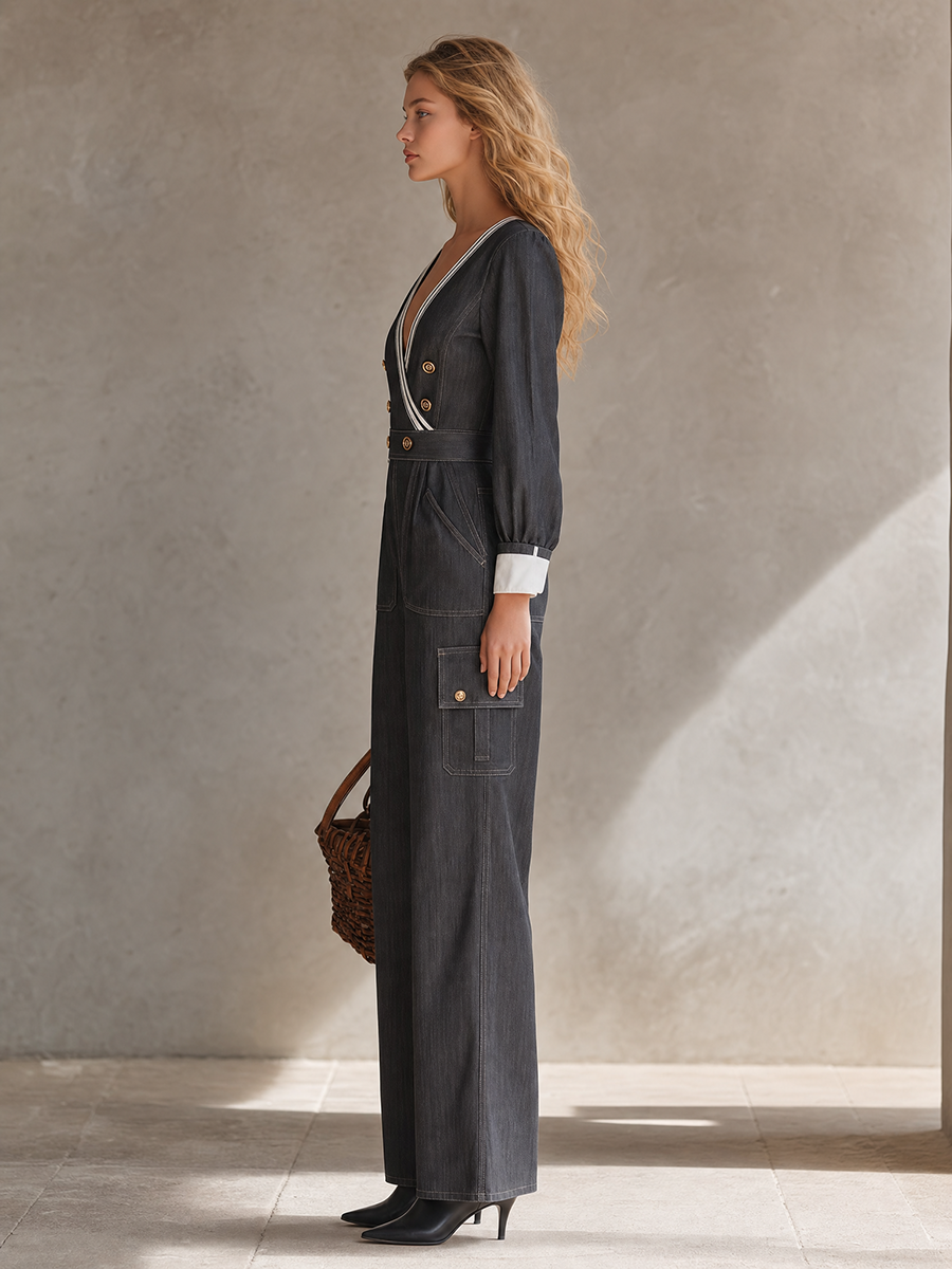 Retro Striped Deep-v Double-breasted Wide-leg Denim Jumpsuit