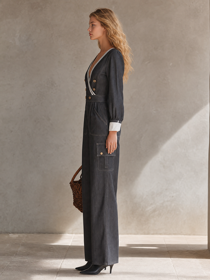 Retro Striped Deep-v Double-breasted Wide-leg Denim Jumpsuit