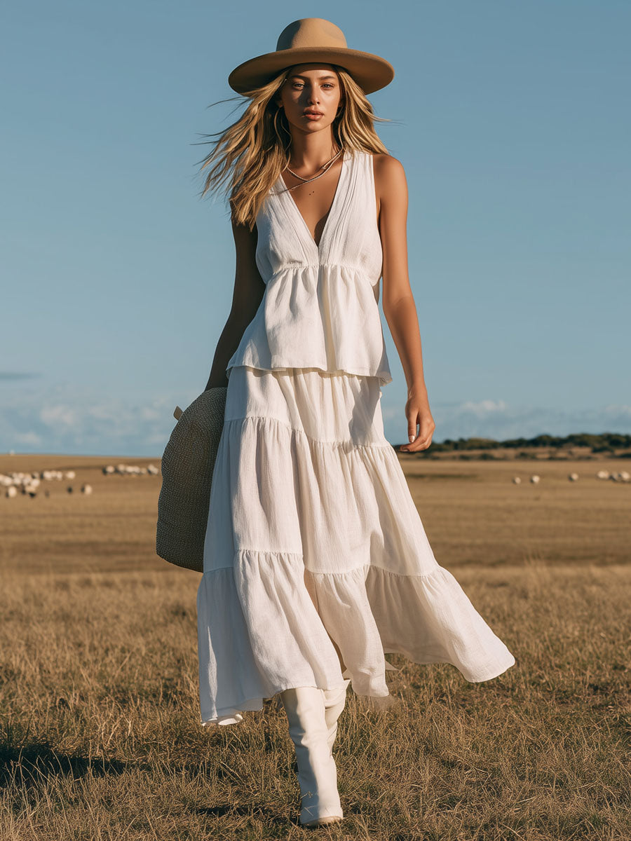 Cotton And Linen V-neck Sleeveless Top And Skirt Set