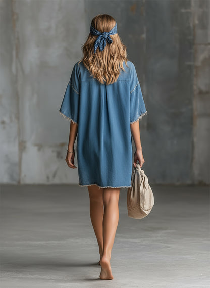 Stylish And Casual Frayed-edge Blue Denim Short-sleeved Mini Dress