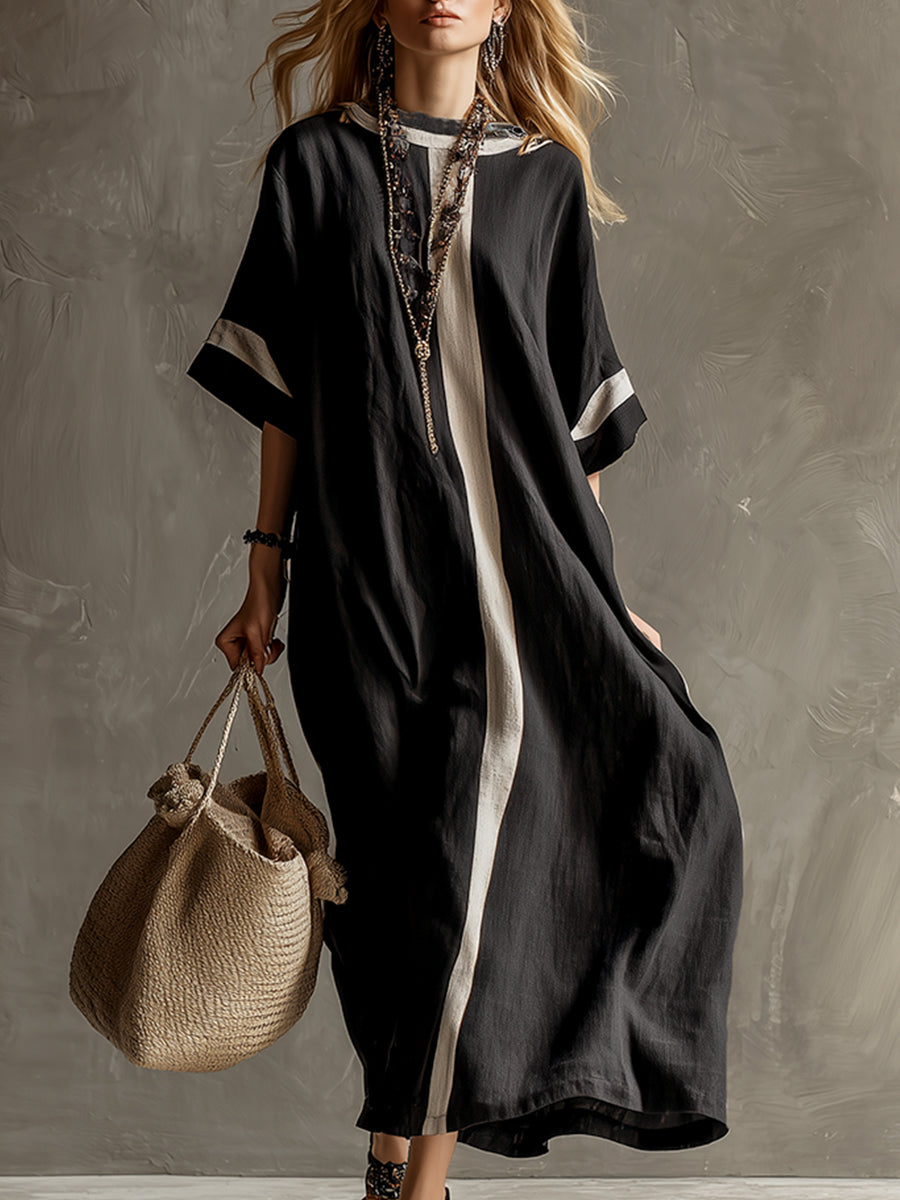 Stylish Urban Patchwork Black Cotton And Linen Short-sleeved Maxi Dress