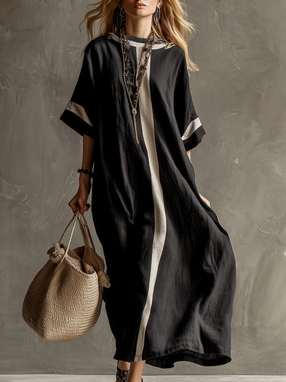 Stylish Urban Patchwork Black Cotton And Linen Short-sleeved Maxi Dress