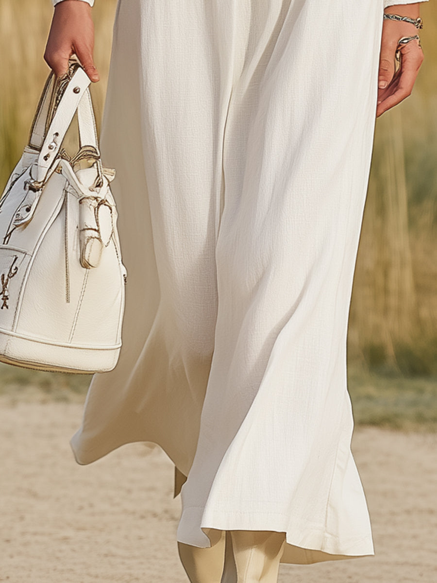 White Western Linen Embroidered Elastic Maxi Dress