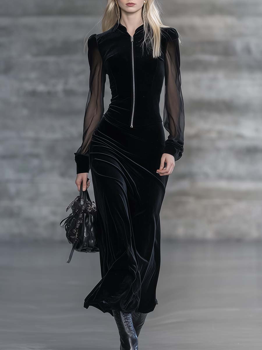 Elegant Classic Versatile Stand-up Collar Front Zipper Sheer Long-sleeved Black Velvet Maxi Dress