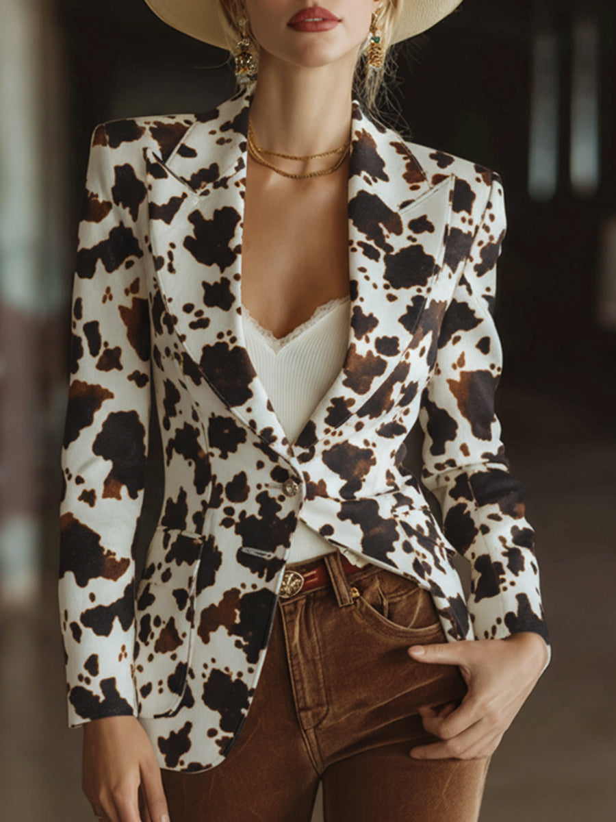 Retro Western White Cow Print Faux Leather Blazer