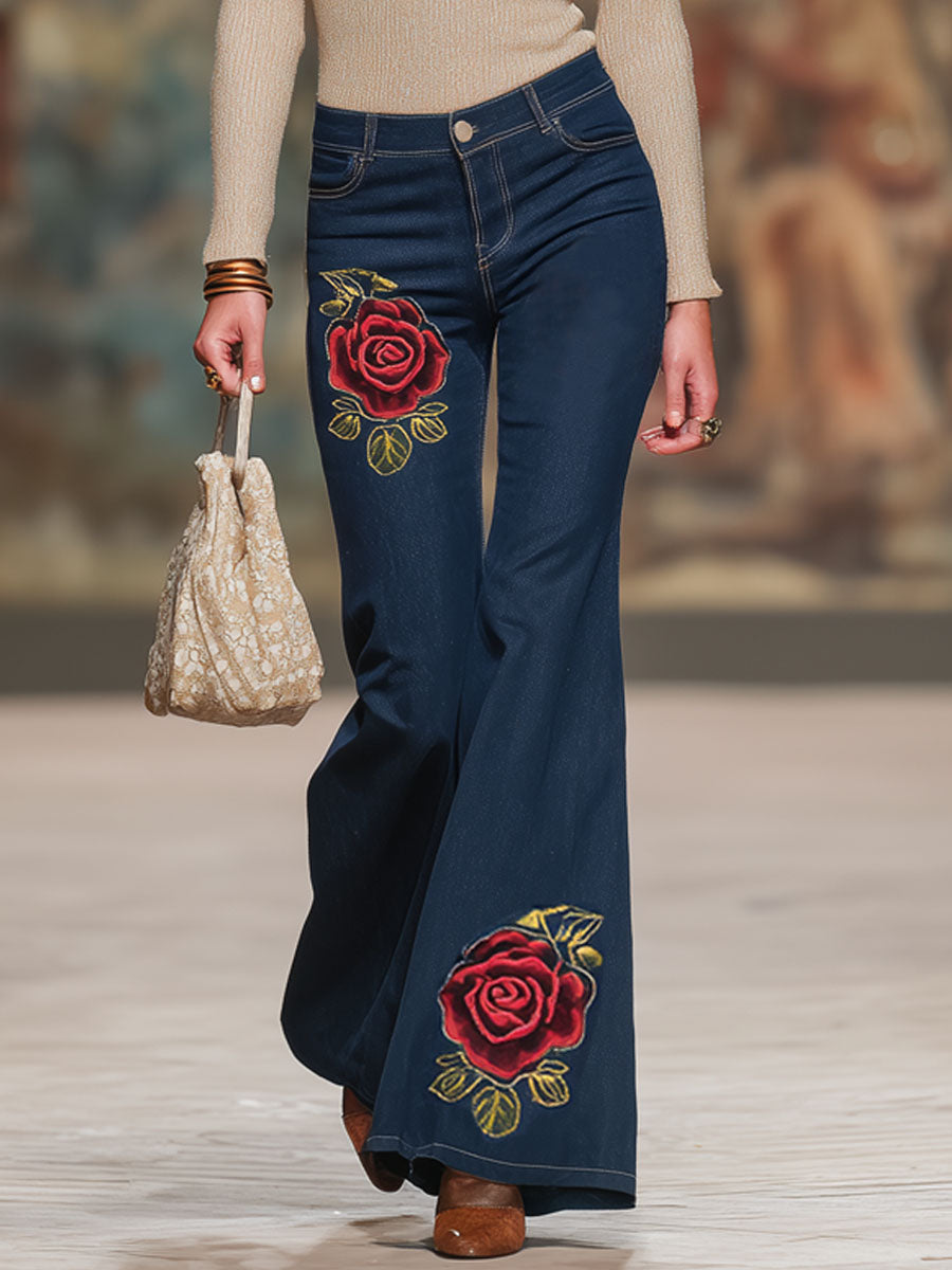 Retro Rose Embroidered Flared Jeans