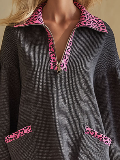 Stylish Loose-fitting Pink Leopard Print And Gray Waffle Mini Dress