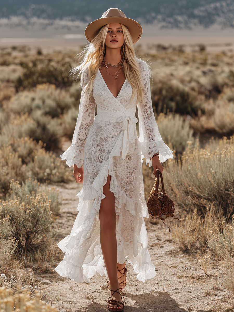 Western-style Vintage V-neck Long-sleeved Ruffled Lace Maxi Dress